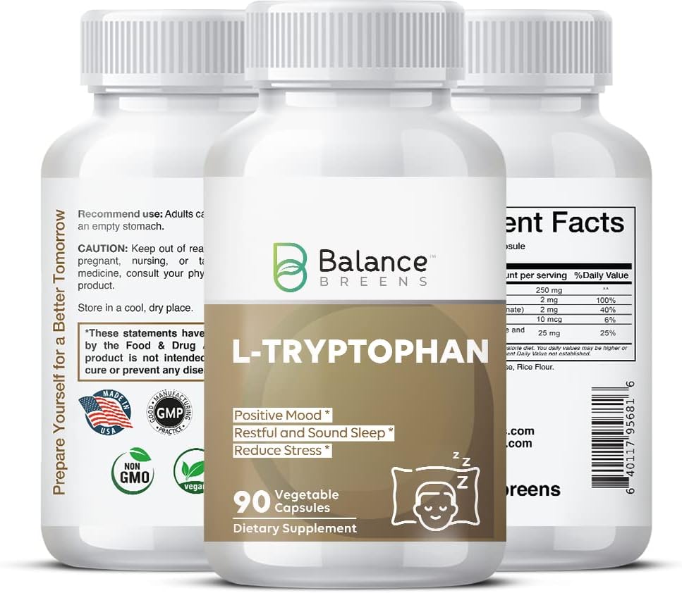 L-Tryptophan 250mg、90 Vegのカプセル - 残りの睡眠とリラックスのためのサプリメント