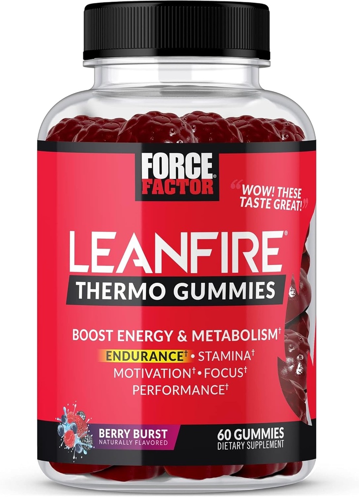 Force Factor LeanFire Thermo Gummies with B12 Vitamins, Caffeine, & Green Coffee Bean, Boost Energy, Metabolism, Endurance, Stamina, Motivation, Focus, & Performance, Pre Workout Gummies, 60 Gummies