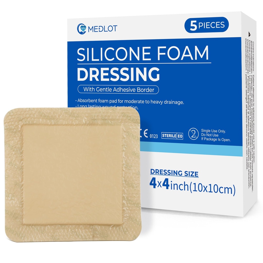 LotFancyのシリコーンの泡のドレッシング、4" x 4」(2.5" x2.5」パッド)、5つの計算、生殖不能によって並べられる付着力の傷のドレッシング、ベッドの背骨、足の潰瘍の傷の心配の包帯、高吸収性、防水