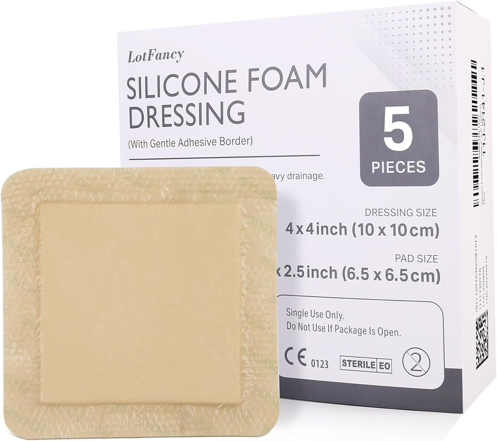LotFancyのシリコーンの泡のドレッシング、4" x 4」(2.5" x2.5」パッド)、5つの計算、生殖不能によって並べられる付着力の傷のドレッシング、ベッドの背骨、足の潰瘍の傷の心配の包帯、高吸収性、防水