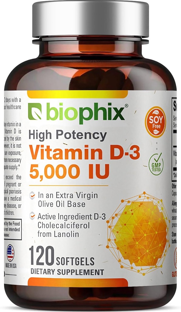 Vitamin D3 5000 IU Softgels 120 Count (125mcg) - Vitamin D-3 High-Potency in Extra Virgin Olive Oil Non-GMO Soy Free For Men and Women - Vit 3D Supplement Supports Strong Bones & Immune Health