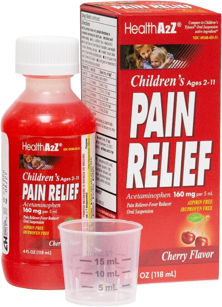 HealthA2Z® 子供の痛みの軽減 | アセトアミノフェン 160 mg (5mL) | 年齢 2-11 | チェリーフレーバー | 痛みの軽減剤 - 発熱剤 - 経口懸濁液 | アスピリンとイブプロフェンフリー | 4FL Oz (118mL)