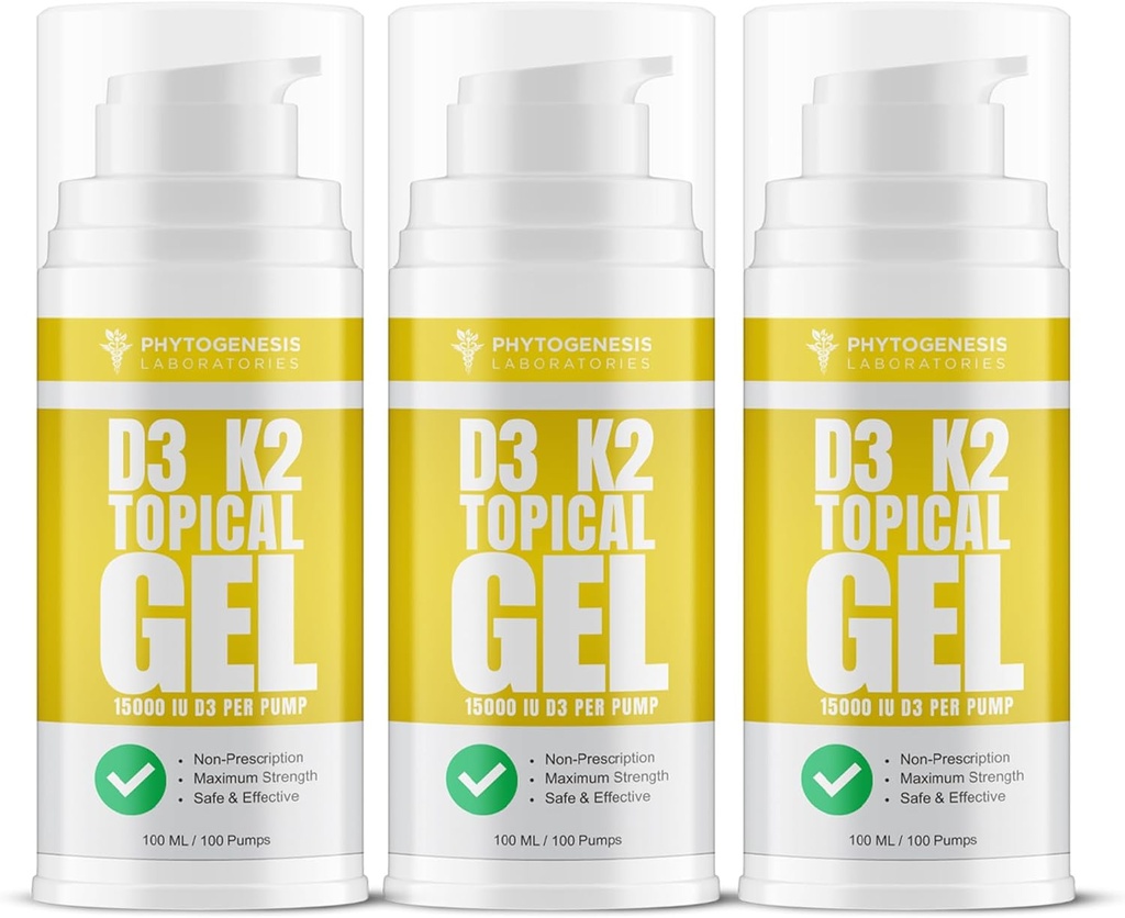 Vitamin D3 K2 Maximum Strength Topical Gel - 15000+ IU Per Pump - The Sunshine Vitamin - Supports Bone & Joint Health, Immune Support - One Month Supply