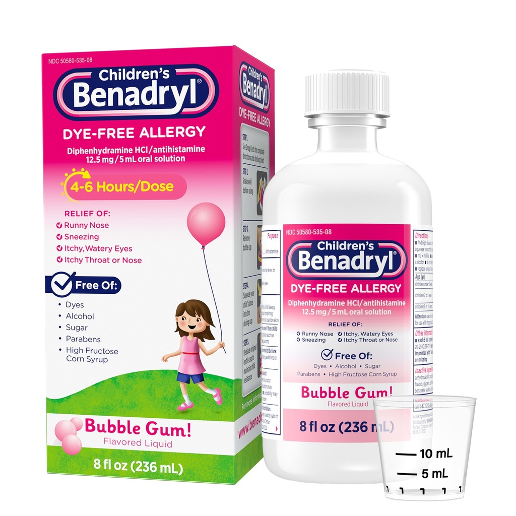 Benadrylの子供の染料なしのアレルギーの救助の液体、子供のためのアレルギーの薬、12.5のmg Diphenhydramine HClのAntihistamineのRelieves Runnyの鼻及びスネージ、Parabenなし、泡のガムの味、8のfl。