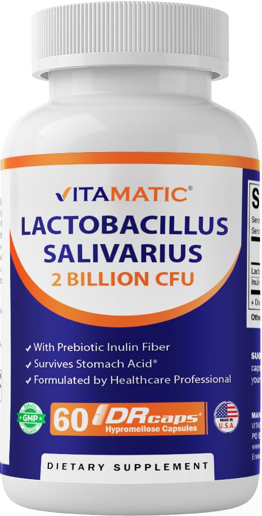 Vitamatic Lactobacillus Salivarius 2 Billion per DR カプセル - 60 カウント - 消化器系サポート - プレバイオティックインリン繊維(1 ボトル)で作られた