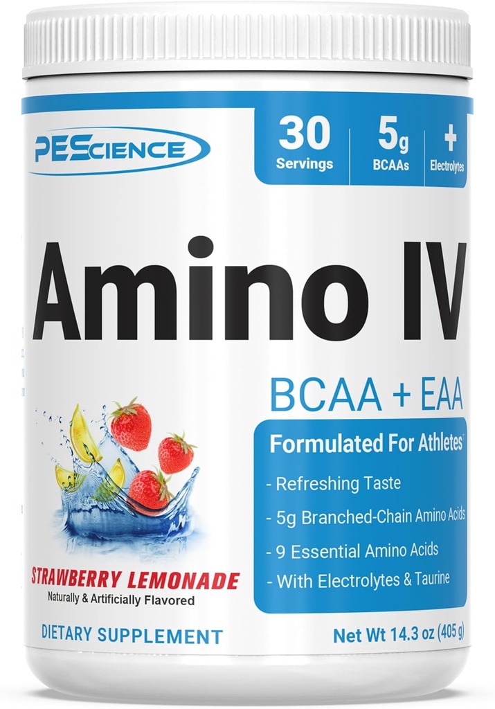 PEScience Amino IV BCAA & EAAパウダー, エッセンシャル アミノ酸, タウリン, エッセンシャル アミノ酸, 加水と筋肉の回復のための電解質, 男性と女性のための砂糖無料, ポストワークアウト - イチゴLemonade - 30 サービング