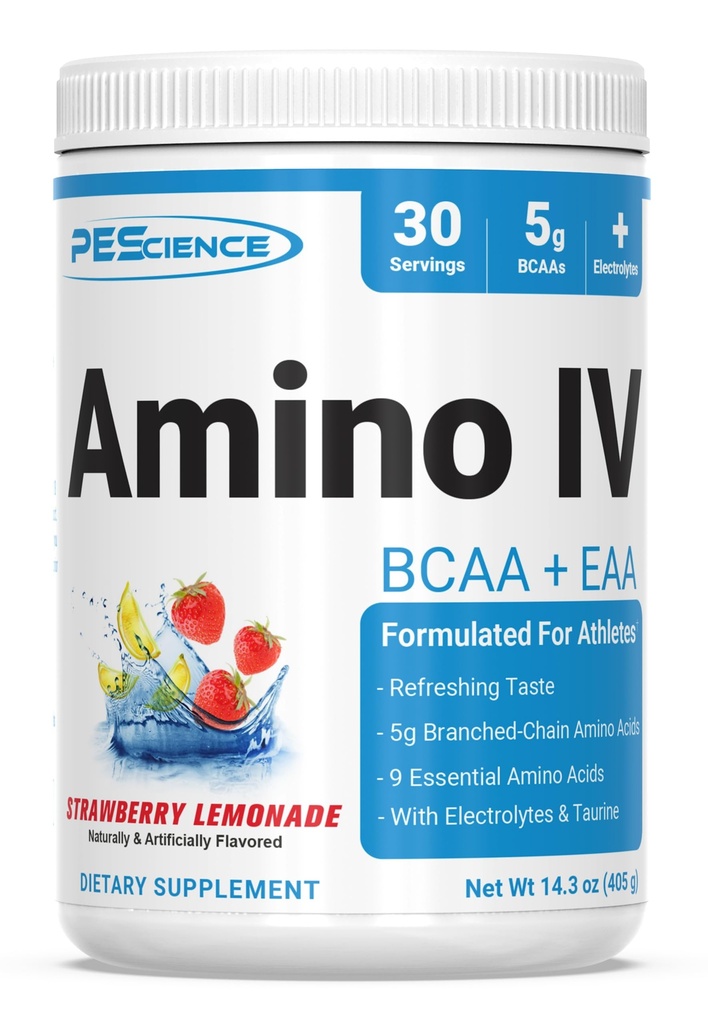 PEScience Amino IV BCAA & EAAパウダー, エッセンシャル アミノ酸, タウリン, エッセンシャル アミノ酸, 加水と筋肉の回復のための電解質, 男性と女性のための砂糖無料, ポストワークアウト - イチゴLemonade, 30 サービング