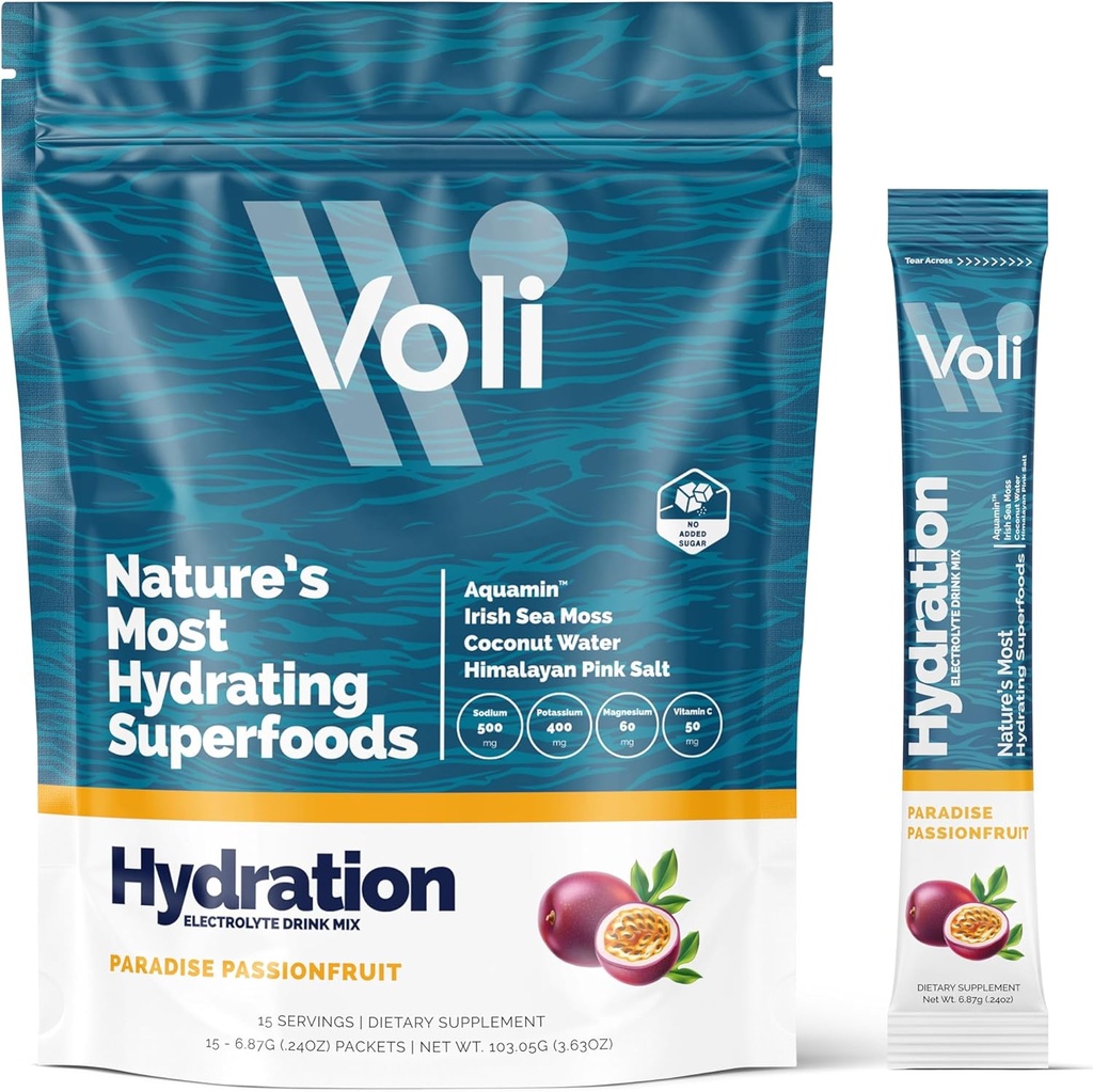 Voli Electrolytes Powder Packets | No Added Sugar Electrolyte Drink Mix for Hydration | Keto & Fasting Friendly, Natural Superfoods & Minerals | Passionfruit, 15-Count