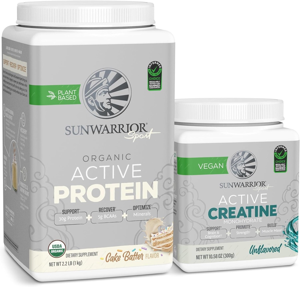 Sunwarrior ビーガンプロテインパウダー USDA オーガニック | 20 ケーキバッター風味 & クレアチン モノハイドパウダー | 60 味 風味なし