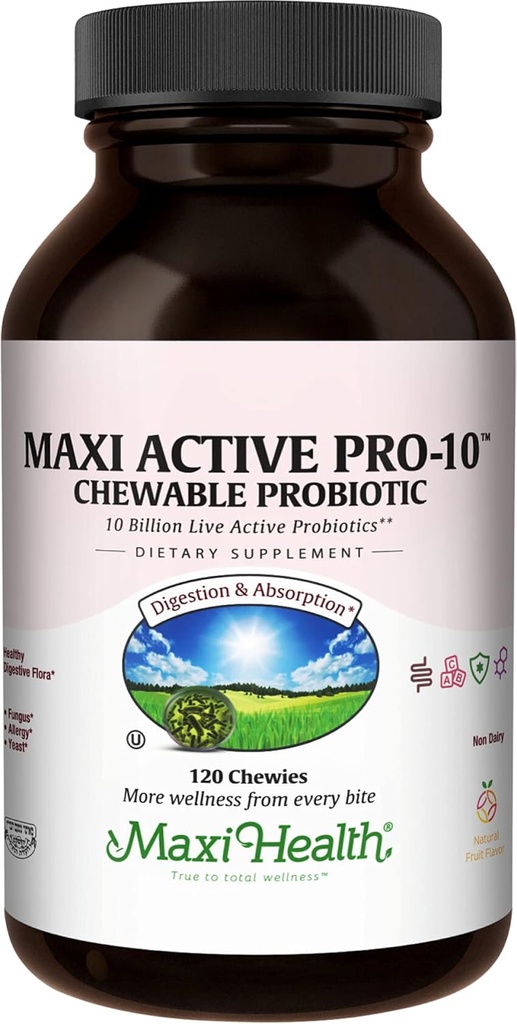Maxi Health Active Pro-10 Kids Probiotic Chewables - 消化器・免疫の健康のための15の緊張 - 10億のプロバイオティックブレンド - 乳液フリー、コーシャ - Gut Health、ベジタリアン - 60カラット(Shelf Stable)をサポート