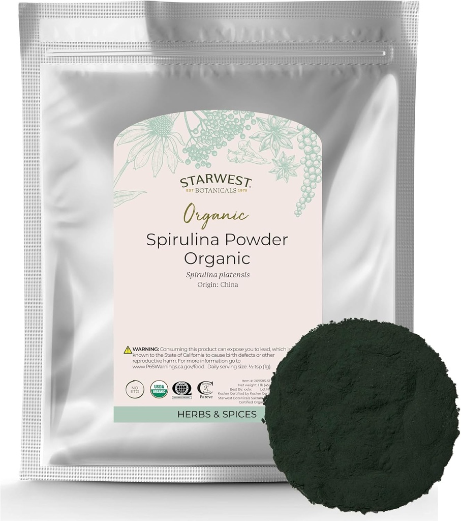 Starwest Botanicals Spirulinaパウダーオーガニック - ドライブルーグリーン藻スーパーフード、タンパク質のソース、ジュース&スムージー、認定コーシャ、非GMO - バルク1ポンドバッグ