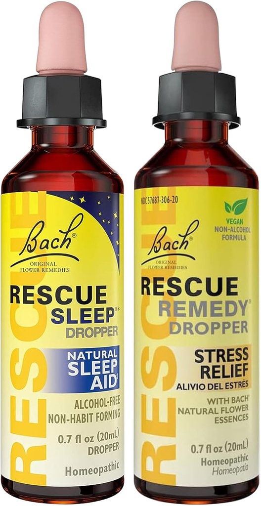 RESCUEストレスリリーフ&スリープサポートバンドル、非アルコールフォーミュラ、バッハ救済ドロップパー20mL 2パックスリープドロップパー20mL、ホメオパシーフラワーエッセンス