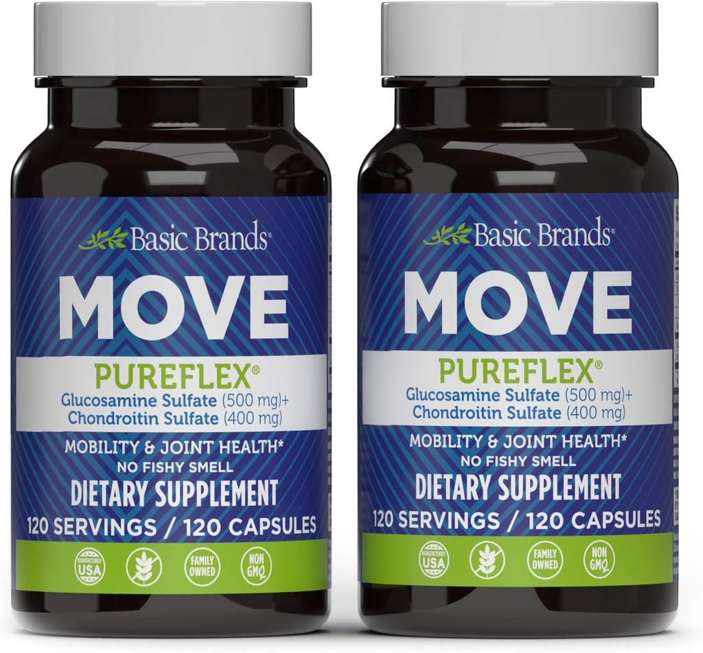 Basic Brands - Move Pureflex Glucosamine Chondroitin - Joint Support Supplement for Flexibility & Mobility - 120 Capsules - 2-Pack