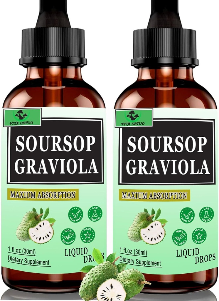 (2 Pack) Organic Soursop Liquid Drops, 2000mg Soursop Graviola Leaf Extract for Immune,Digestive Support & Antioxidant,Vegan Soursop Bitters Liquid for Women Men