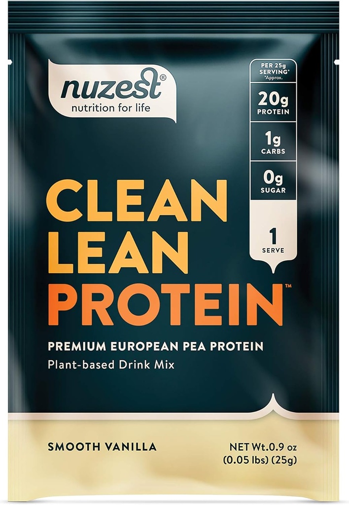 Nuzest - エンドウ豆プロテインパウダー - きれいなリーンプロテイン、プレミアムビーガン植物ベースのプロテインパウダー、乳液フリー、GMOフリー、自然に甘くされたプロテインシェイク、スムースバニラ、1サービング、0.9オンス