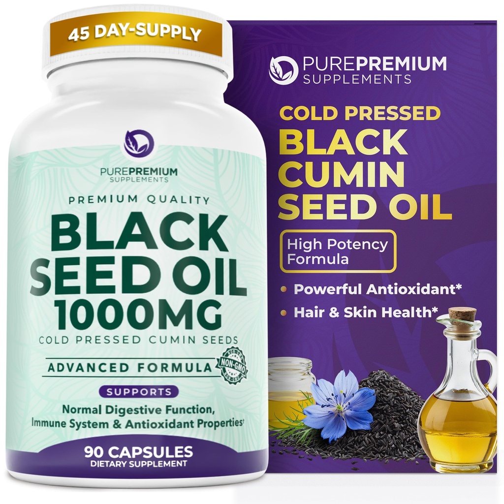 ピュアプレミアムブラックシードオイル500mg - 有機ニゲラサティバ種子、コールドプレスブラックカミンオイルエキス - メンズ/女性用サプリメント90カプセルのパック