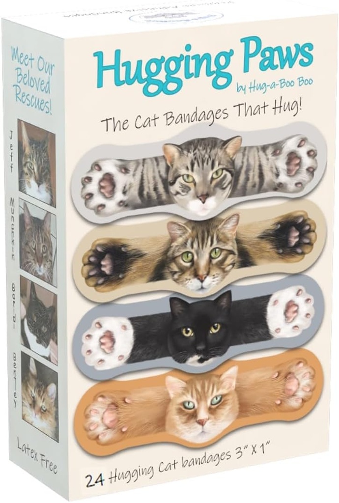 Hugging Paws – Cat Themed Bandages from Hug-a-BooBoo, The Amazing Cat Bandages That Hug! Beautiful Cat Bandages Featuring Cat Paintings of Actual Rescue Cats! Great Cat Lover Gift! 24 Count Box