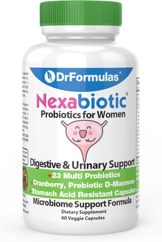 DrFormulas Cranberry Probiotics for Women Vaginal Health & Urinary Tract with Fiber Prebiotics & D Mannose | Nexabiotic Feminine Health、Lactobacillus と酵母のVaginosis、60カプセル