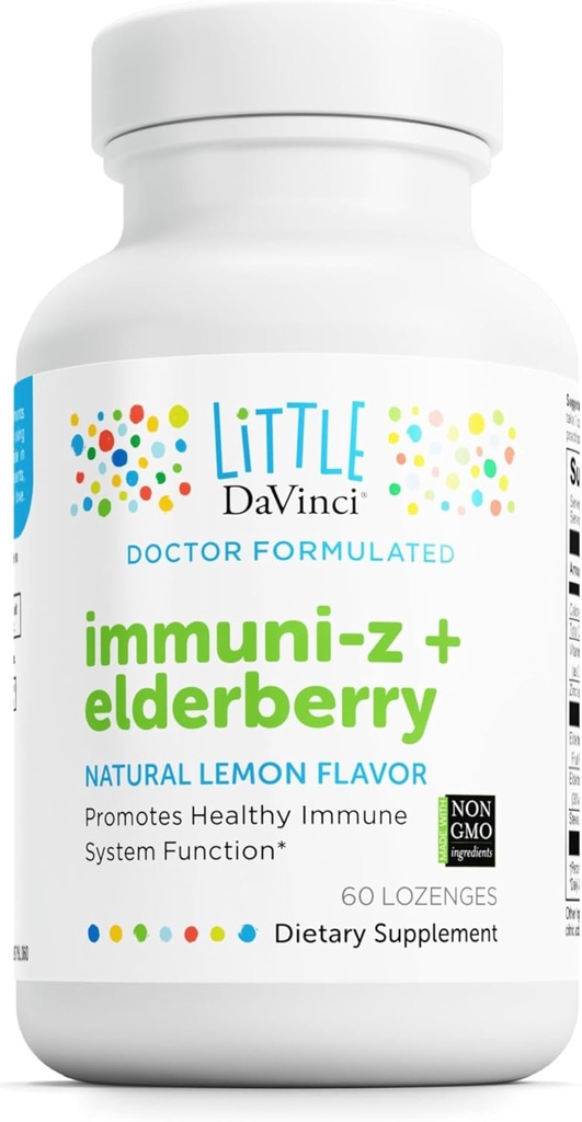 DAVINCI リトル 免疫 z + エルダーベリー - 免疫の健康、健康な肺および喉の組織* - ビタミン D3、亜鉛、エルダーベリー、その他 - レモン味 - 60 ルーゼンジ