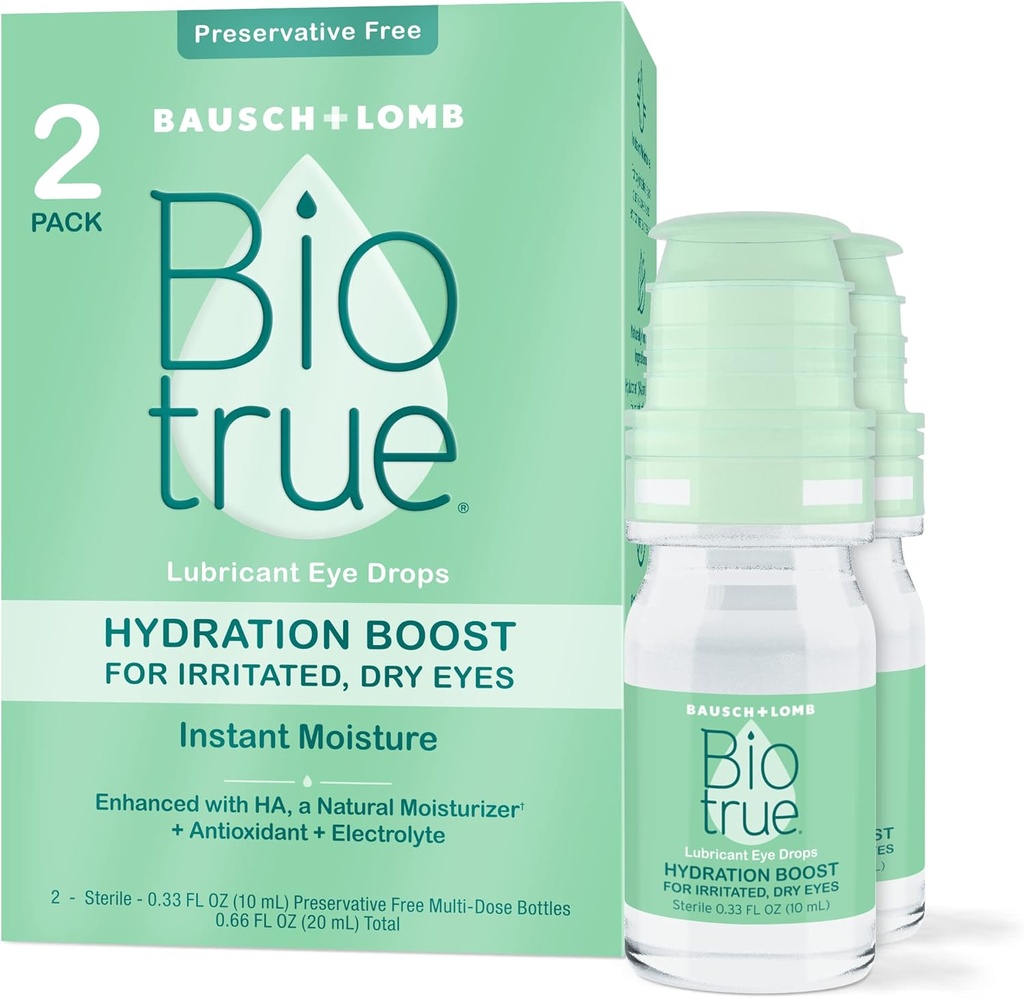 Biotrue Hydration Boost、乾いた目のための防腐剤なしの目の低下、瞬時に保湿剤、再水剤、コンタクト レンズの友好的、リフレッシュ&リーブアイの刺激、0.33 FL Oz (パッケージ 2)