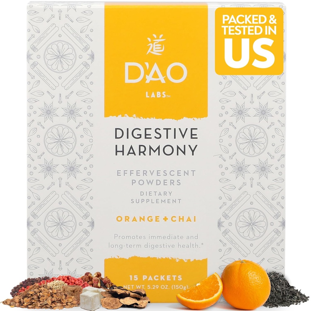 D'AO Labs Digestive Harmony - Organic Digestive Enzymes - Traditional Chinese Herbs & Chai Powder - Orange-Chai Flavor - Preserve Harmony Decoction (Bao He Wan) - 15 Individual Servings