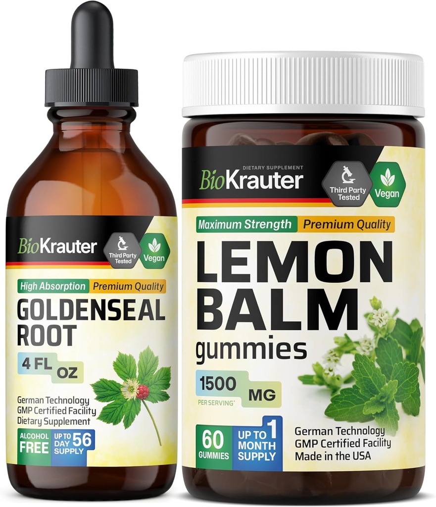 BIO KRAUTER Goldenseal Tincture 4 Fl. Oz. & Lemon Balm 60 Gummies