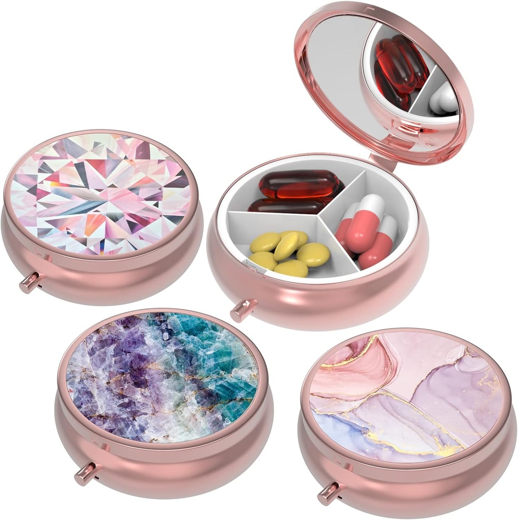 ビタミン、丸薬、魚油、イヤリング、スタッド、ローズゴールド3ラウンドのための小さなピルボックス、Pill Case for Purse&Pocket、3コンパートメントトラベルピルケース薬用オルガナイザーストレージ