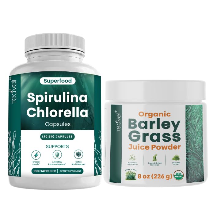 TeaveliのSpirulinaのChlorellaのカプセルおよびBarleyの草ジュースの粉の束