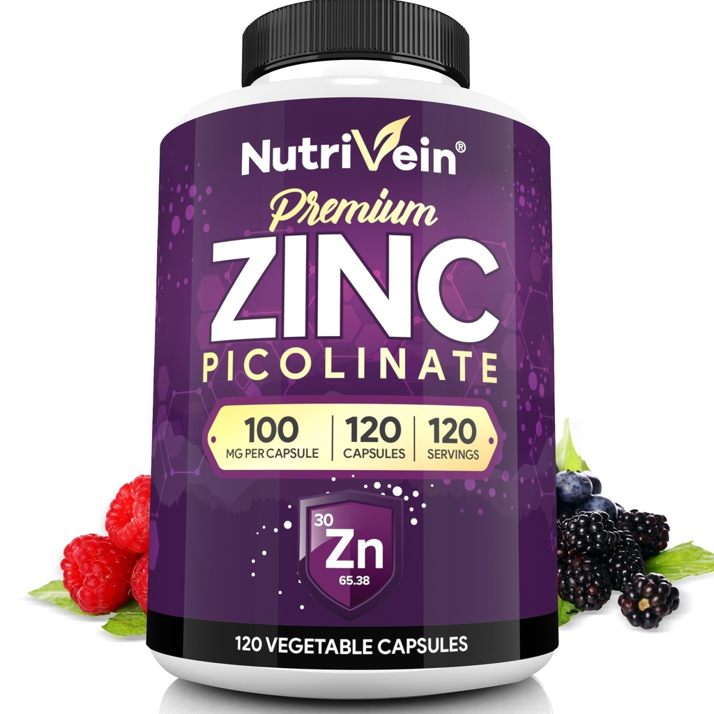 Nutriveinの優れた亜鉛ピコリネート100mg - 大人のための120のカプセル:高吸収亜鉛ピコリネートの補足 - 全体的なウェルネスのための必須の栄養 - 最高のバイオアベイラビリティ