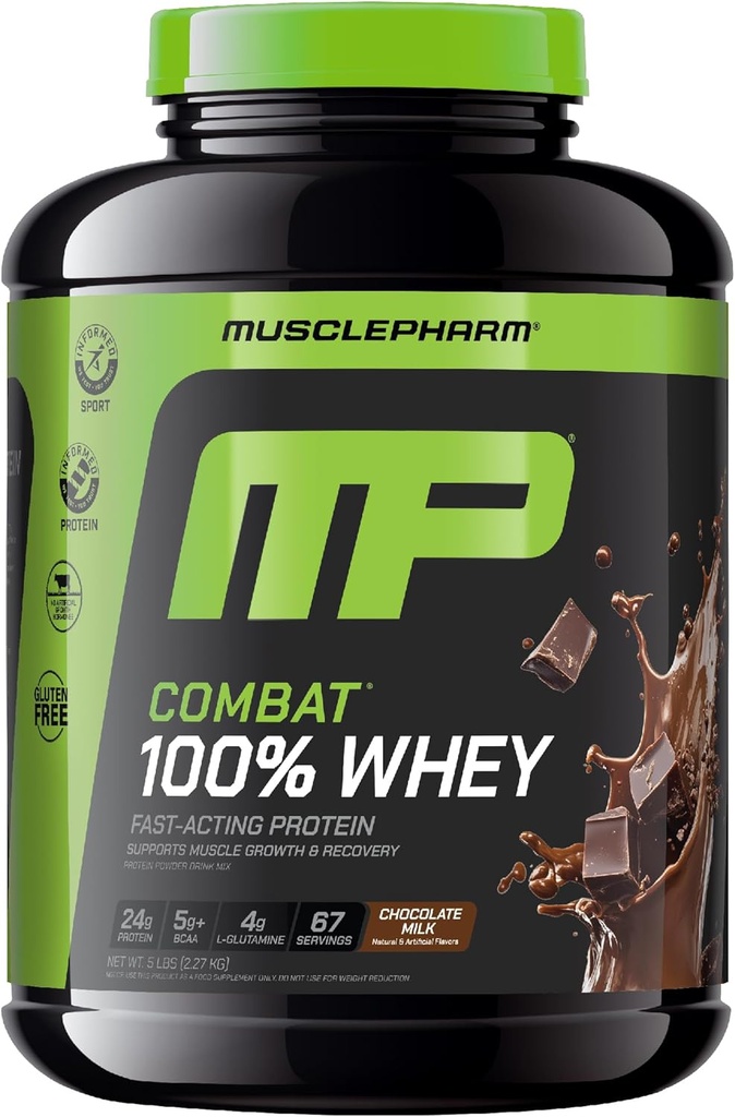 MusclePharm Combat 100% Whey Protein Powder, Chocolate Milk, Fast Recovery & Muscle Gain with Whey Isolate, High Protein Powder for Women & Men, Gluten Free, 5lb, 67 Servings