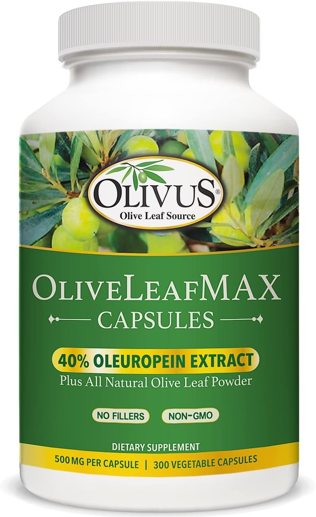 OliveLeafMAX オリーブリーフエキス (40% Oleuroepin) + オーガニックオリーブリーフパウダー + フィラー + 300 ベジタリアンカプセル + スペインから供給し、GMP施設で米国で製造