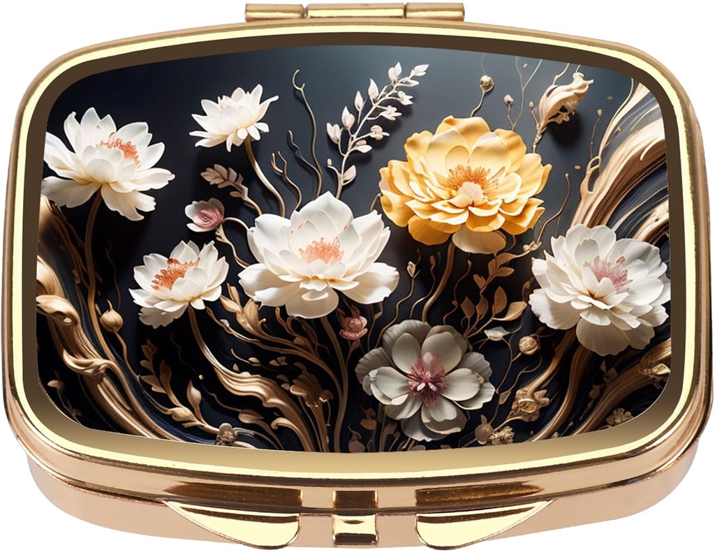 Dynippy Pill Case Pill Box with Mirror Retro Pocket 2 Compartment Medicine Case ビタミン Pill オルガナイザー for Pocket Purse and Travel (Gold- Flower 1)