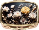 Dynippy Pill Case Pill Box with Mirror Retro Pocket 2 Compartment Medicine Case ビタミン Pill オルガナイザー for Pocket Purse and Travel (Gold- Flower 1)