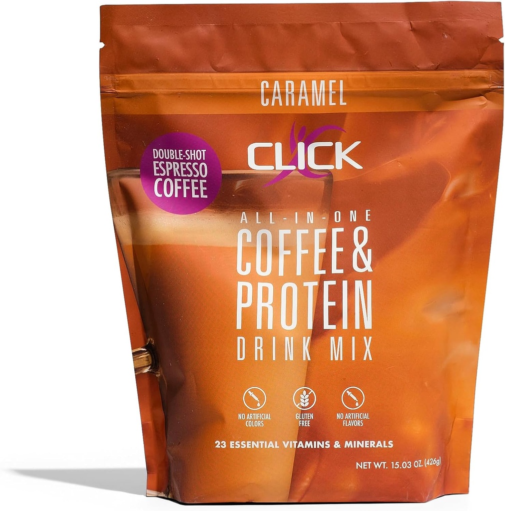 Click Coffee Protein Powder | Double Shot Espresso | 16g Protein | 23 Essential Vitamins | Low Calorie Meal Replacement | 150mg Caffeine | Gluten Free | No Artificial Flavors or Colors | Caramel