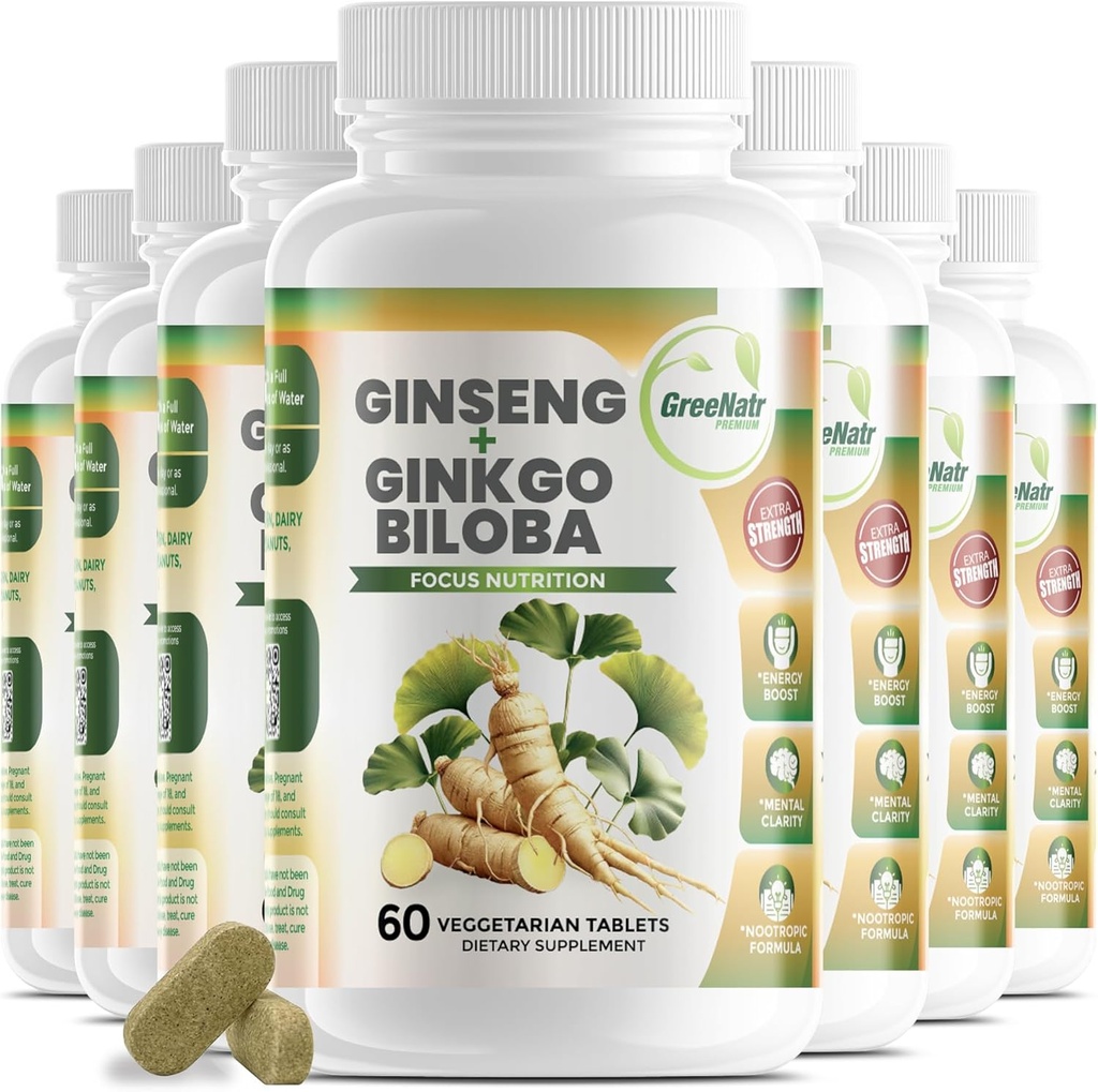 GreeNatr Ginko Biloba&Panax Ginsengサプリメント - 記憶と焦点のための赤いGinseng脳サプリメント - グッドビジョン、免疫システム、および改善された血流のためのGinkgo Bilobaサプリメント - 12ボトル