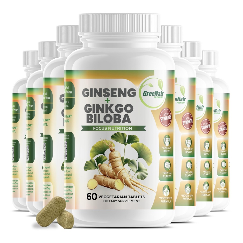 GreeNatr Ginko Biloba&Panax Ginsengサプリメント - 記憶と焦点のための赤いGinseng脳サプリメント - グッドビジョン、免疫システム、および改善された血流のためのGinkgo Bilobaサプリメント - 12ボトル