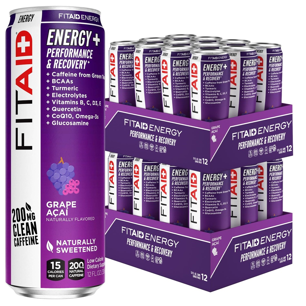 LIFEAID FITAIDエナジーグレープAAI, 200mgナチュラルカフェイン, ケト, プレワークアウトパフォーマンス: BCAAs, ケルセチン, 電解質, オメガ-3s, 15カロリー, ペイロ, ビーガン&グルテンフリー, 12オンス (パック 24)