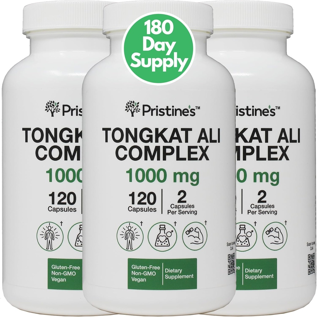 PRISTINEのTongkat Ali 1000mg 180日の供給(3パック) - アスレチックパフォーマンスサポート - 男性と女性のためのリーンマスマッスルビルディングハーブサプリメント - ビーガン、グルテンフリー、非GMO