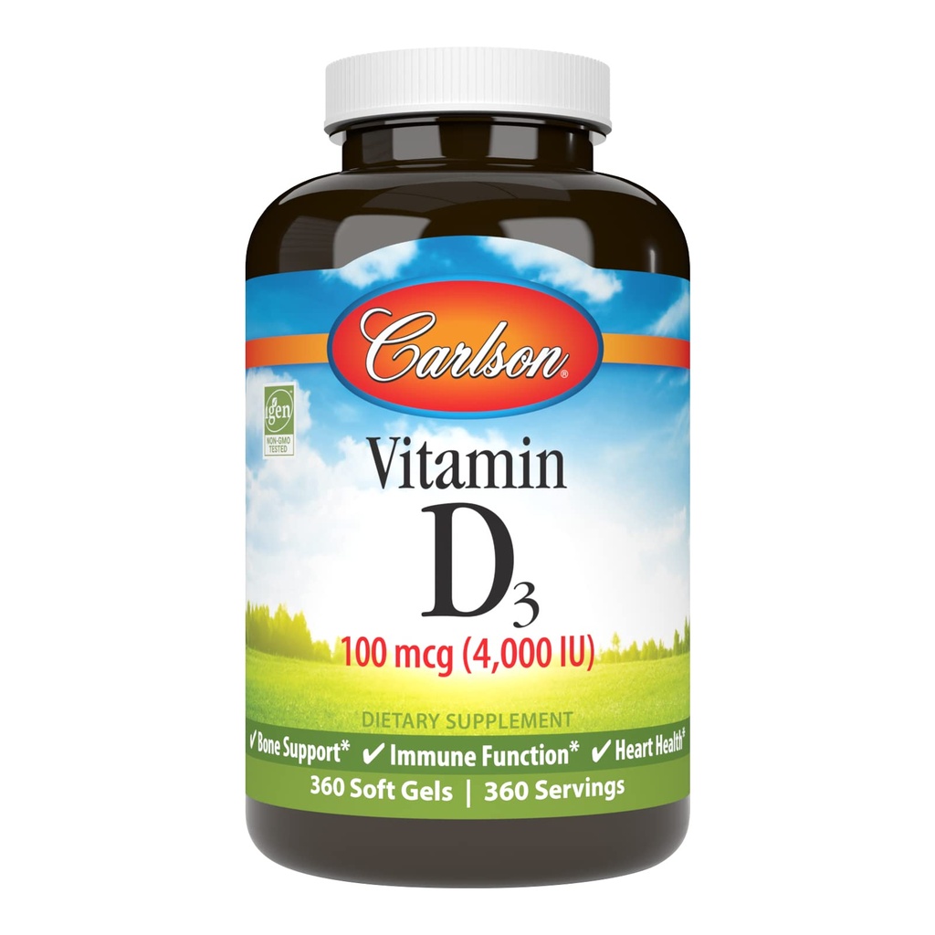 カールソン - ビタミンD3 4000 IU (100 mcg)、免疫サポート、骨の健康、筋肉健康、コレステロール、ビタミンDサプリメント、ビタミンD3ソフトジェル、360ソフトゲル