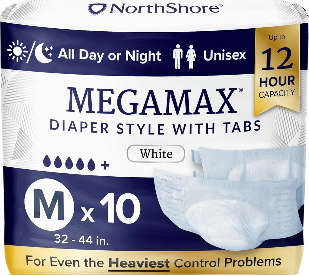 NorthShore MegaMax Adult Overnight Diapers, 12-Hour Tab-Style, Medium, 10 Count Bag, White, 32-44 inches, Unisex Incontinence Underwear