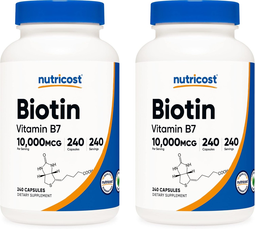 Nutricost Biotin (ビタミンB7) 10,000mcg (10mg), 240キャップ (2本入) - 非GMO、グルテンフリー