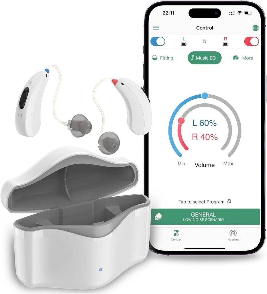 高齢者のための補聴器 充電式、RIC 16 チャンネルの補聴器 ブルートゥース for 大人、スマートノイズキャンセレーション付きシニア補聴器、APP コントロール付きデジタル補聴器デバイス、ホワイト