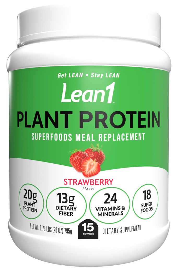 Lean1 Plant Based Protein Powder, Meal Replacement, strawberry flavor, 15 serving