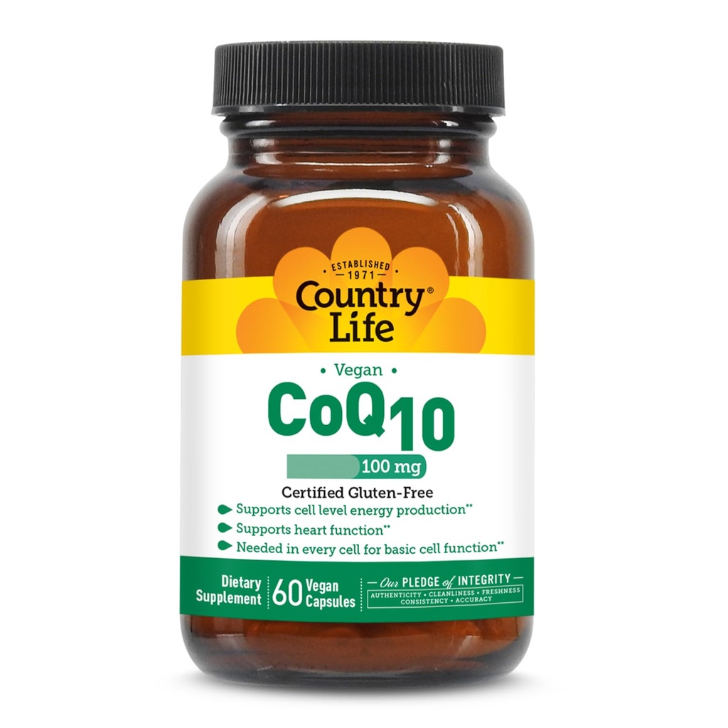 カントリーライフ単にCoQ10 100mg - 心臓機能をサポート & 細胞エネルギー, ビーガンSoftgels, 認定グルテンフリー, 非GMOサプリメント, 60 ct – 心臓血管の健康サポート