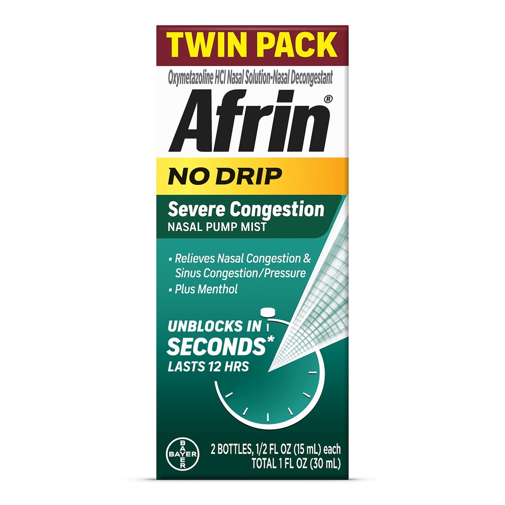 Afrin No Drip Severe Congestion Nasal Mist Twin Pack, Non-Drowsy, Nasal Congestion and Sinus 圧力救済, 大人と子供 6 以上, .5 floz (パッケージ 2)