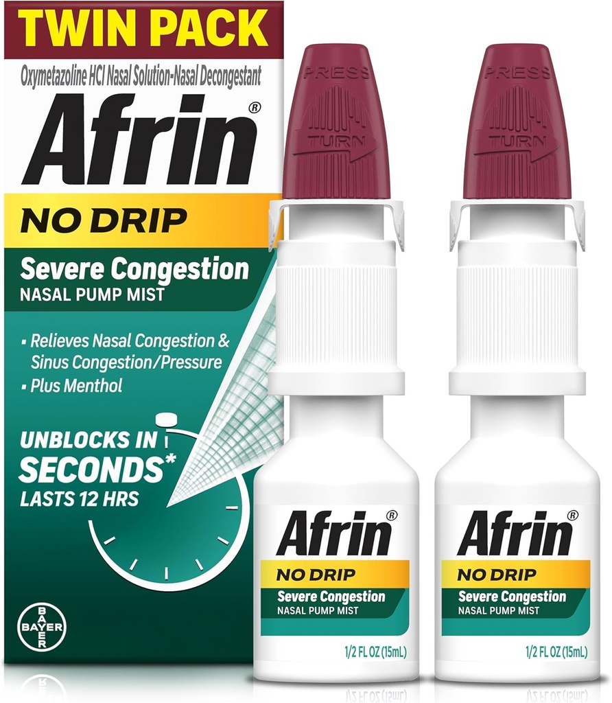 Afrin No Drip Severe Congestion Nasal Mist Twin Pack, Non-Drowsy, Nasal Congestion and Sinus 圧力救済, 大人と子供 6 以上, .5 floz (パッケージ 2)