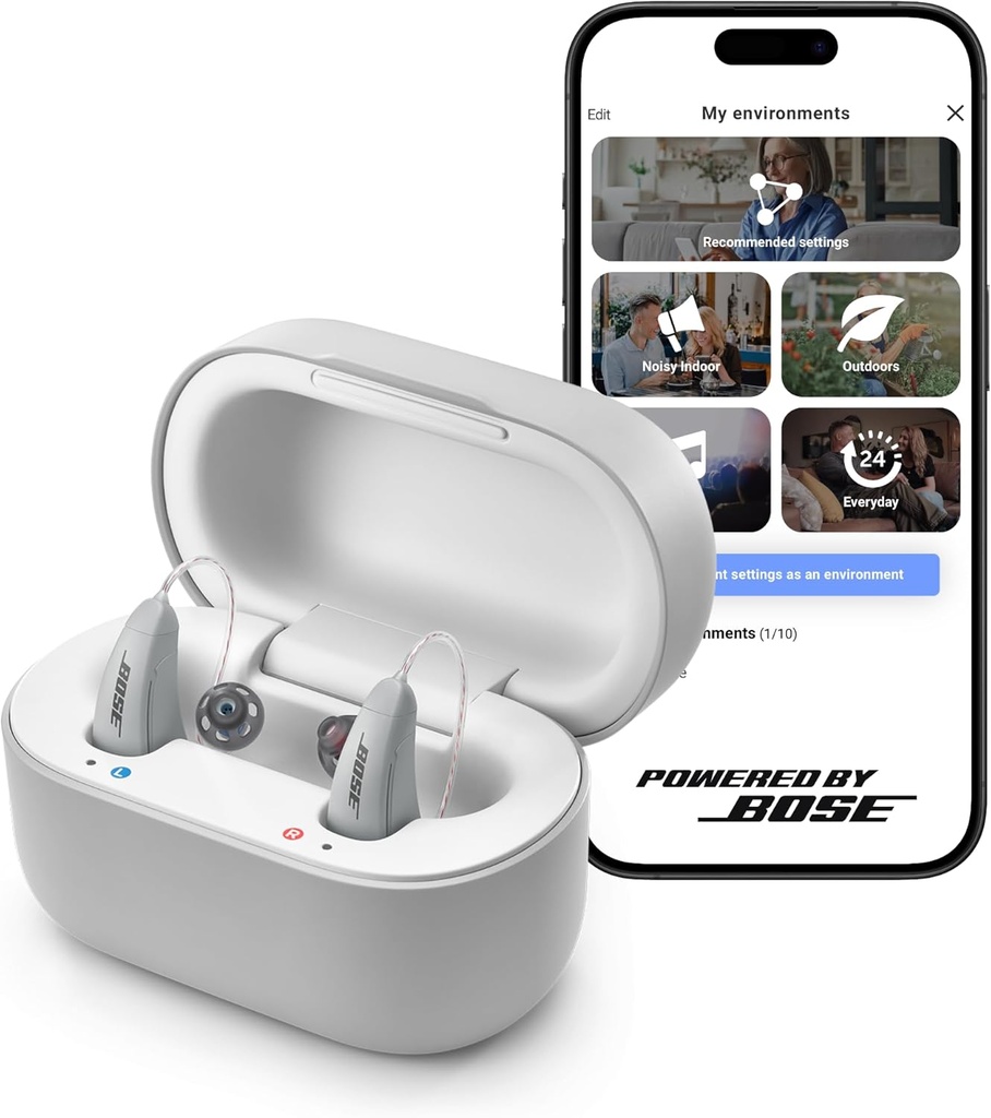 Lexie B2 OTC 補聴器は、Bose - Bluetooth 通話が iOS で有効になり、App コントロールで充電できます。 自己フィットソリューション、ノイズリダクション、マイルドからモデレート難聴(グレー)
