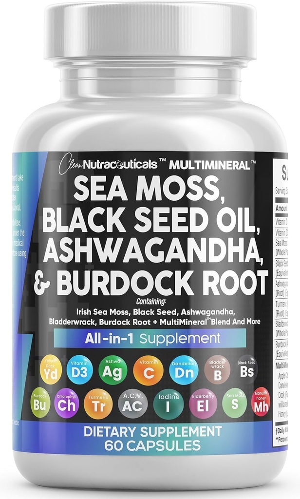 きれいなNutraceuticals海の苔の黒い種油のAshwagandhaのTurmeric Bladderwrack Burdock及びElderberry Manuka Dandelionの黄色いドックのIodineのChlorophyll ACVのビタミンD3