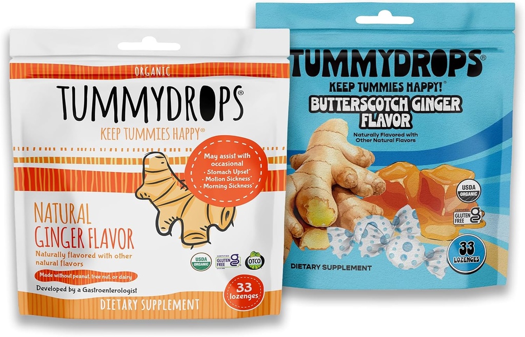 Tummydropsオーガニックジンジャーバンドル、1バッグナチュラルジンジャー&ビーガンバタースコッチジンジャー、グルテンフリー、USDAオーガニック、ビーガン