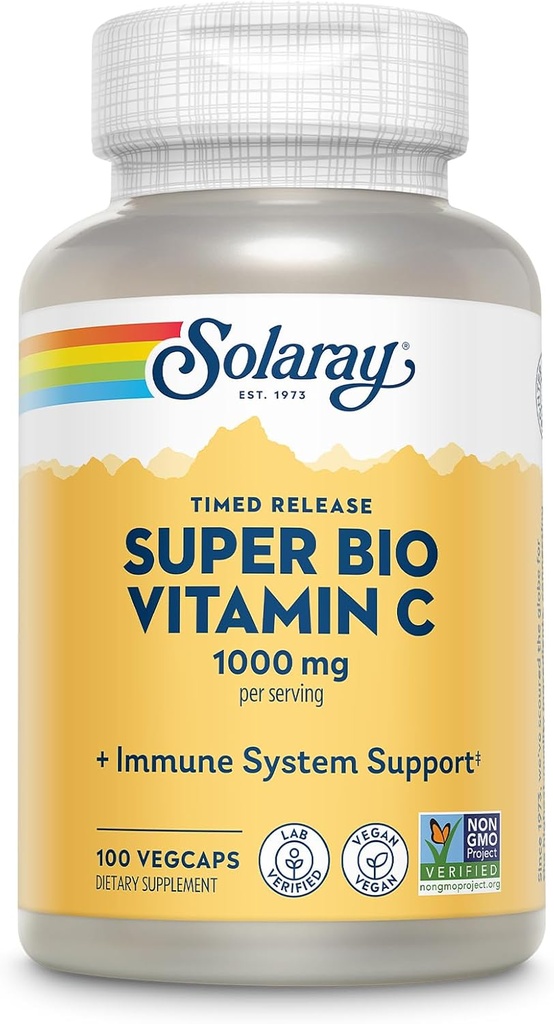 SOLARAYスーパーバイオ緩衝ビタミンC 1000mg、二段、Bioflavonoids、免疫サポートサプリメント付きタイムドリリースビタミンC - 高吸収、ビーガン、60日保証、50給餌、100ベガキャップ
